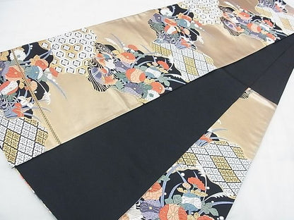 平和屋着物◎六通柄袋帯 唐織 流水鴛鴦花文 黒地 金銀糸 逸品 BAAI6573ns