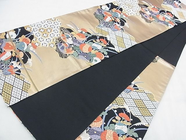 平和屋着物◎六通柄袋帯 唐織 流水鴛鴦花文 黒地 金銀糸 逸品 BAAI6573ns