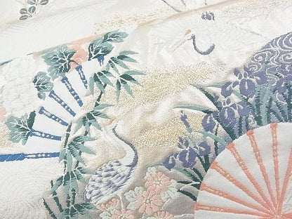 平和屋着物◎六通柄袋帯 唐織 飛鶴扇面草花文 金糸 逸品 BAAI9921ns