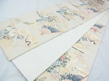 平和屋着物◎六通柄袋帯 唐織 飛鶴扇面草花文 金糸 逸品 BAAI9921ns