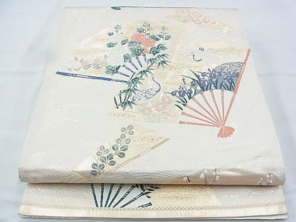 平和屋着物◎六通柄袋帯 唐織 飛鶴扇面草花文 金糸 逸品 BAAI9921ns
