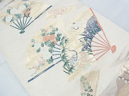 平和屋着物◎六通柄袋帯 唐織 飛鶴扇面草花文 金糸 逸品 BAAI9921ns