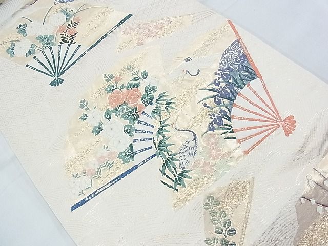 平和屋着物◎六通柄袋帯 唐織 飛鶴扇面草花文 金糸 逸品 BAAI9921ns