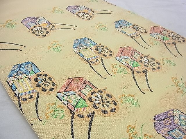 平和屋着物◎太鼓柄袋帯 御所車秋草文 金糸 逸品 BAAI0478if