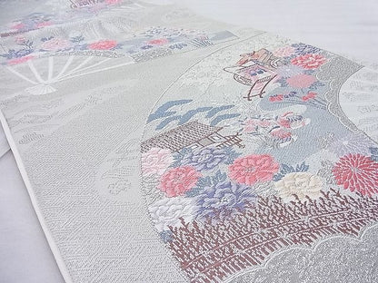 平和屋着物◎六通柄袋帯 重ね扇花鳥文 全プラチナ箔 逸品 BAAI5408if
