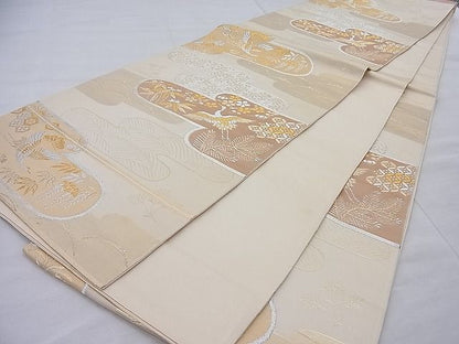 平和屋着物◎六通柄袋帯 エ霞飛鶴草花文 金銀糸 逸品 BAAI0494if