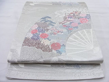 平和屋着物◎六通柄袋帯 重ね扇花鳥文 全プラチナ箔 逸品 BAAI5408if