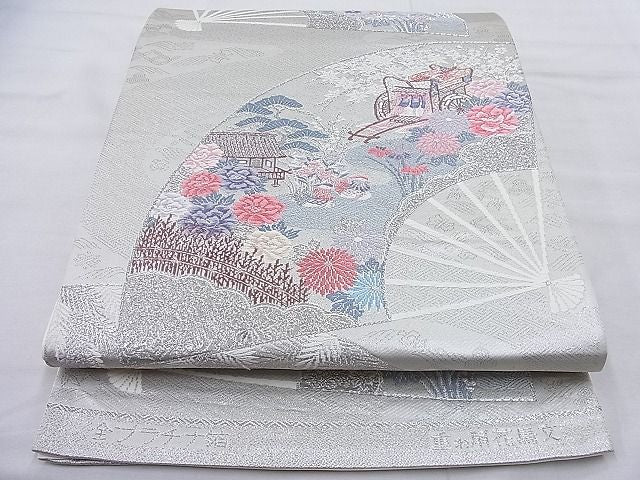 平和屋着物◎六通柄袋帯 重ね扇花鳥文 全プラチナ箔 逸品 BAAI5408if