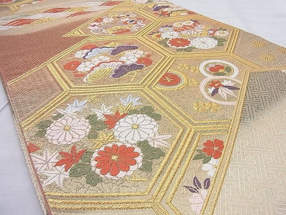 平和屋着物◎六通柄袋帯 唐織 亀甲有職花文 金糸 逸品 BAAI5414if