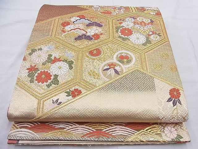 平和屋着物◎六通柄袋帯 唐織 亀甲有職花文 金糸 逸品 BAAI5414if