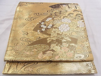 平和屋着物◎佐賀錦　六通柄袋帯　琳派地紙花鳥文　金銀糸　逸品　BAAI5419if