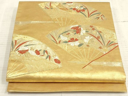 平和屋着物◎太鼓柄袋帯 扇面草花文 金糸 引箔 正絹 逸品 AAAJ2495Amf