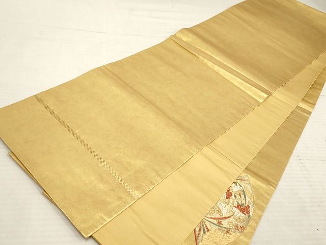平和屋着物◎太鼓柄袋帯 扇面草花文 金糸 引箔 正絹 逸品 AAAJ2495Amf