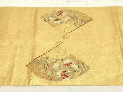 平和屋着物◎太鼓柄袋帯 扇面草花文 金糸 引箔 正絹 逸品 AAAJ2495Amf
