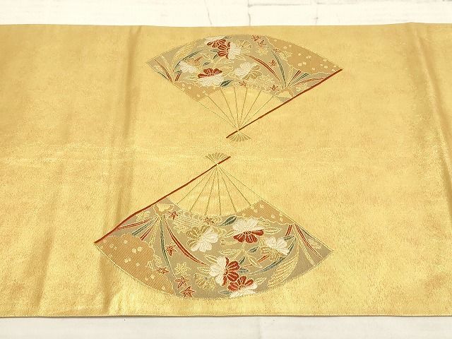 平和屋着物◎太鼓柄袋帯 扇面草花文 金糸 引箔 正絹 逸品 AAAJ2495Amf
