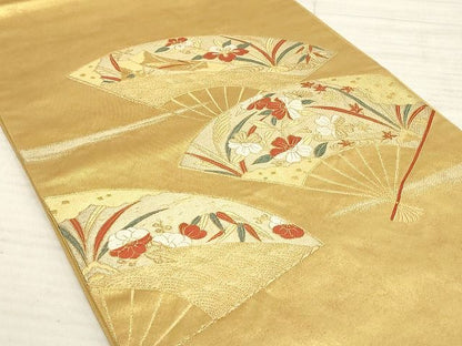平和屋着物◎太鼓柄袋帯 扇面草花文 金糸 引箔 正絹 逸品 AAAJ2495Amf