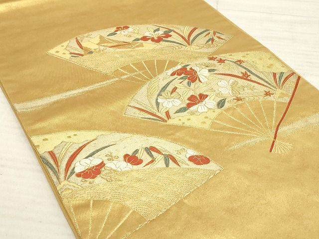 平和屋着物◎太鼓柄袋帯 扇面草花文 金糸 引箔 正絹 逸品 AAAJ2495Amf