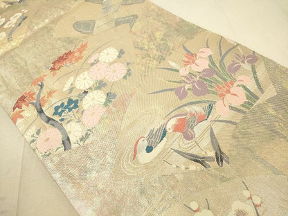 平和屋着物◎佐賀錦 六通柄袋帯 地紙重ね鴛鴦草花文 金糸 逸品 DAAH2351ud