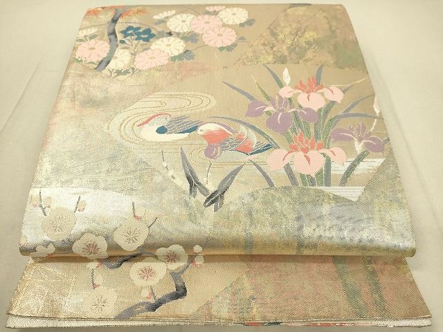 平和屋着物◎佐賀錦 六通柄袋帯 地紙重ね鴛鴦草花文 金糸 逸品 DAAH2351ud
