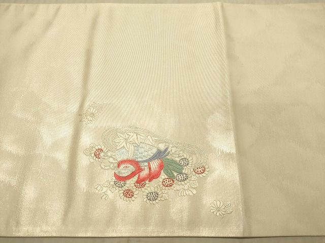 平和屋着物◎太鼓柄袋帯　総刺繍　流水鴛鴦草花文　銀糸　逸品　DAAH2437ud