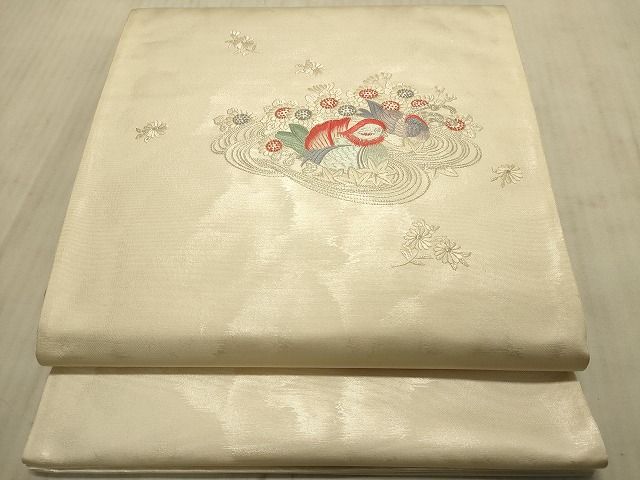 平和屋着物◎太鼓柄袋帯　総刺繍　流水鴛鴦草花文　銀糸　逸品　DAAH2437ud