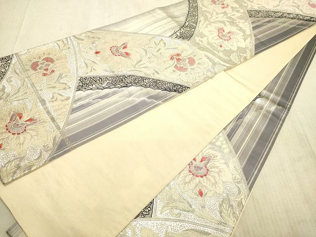 平和屋着物◎六通柄袋帯 唐織 洋花文 銀糸 逸品 DAAH2431ud