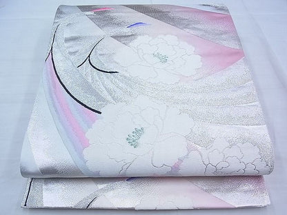 平和屋着物◎六通柄袋帯 唐織 孔雀牡丹文 銀糸 逸品 BAAI3324qt