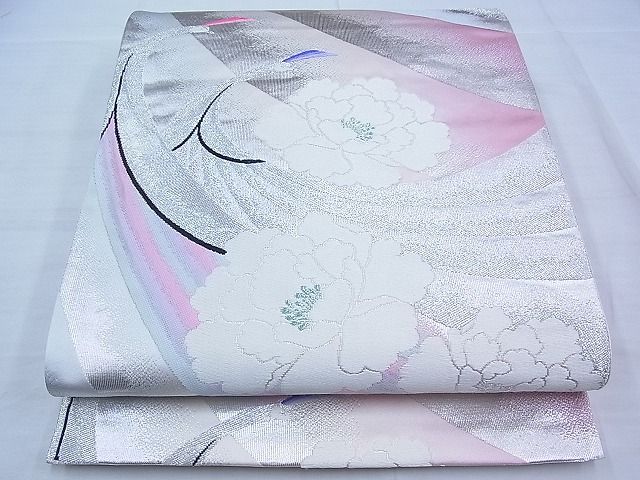 平和屋着物◎六通柄袋帯 唐織 孔雀牡丹文 銀糸 逸品 BAAI3324qt