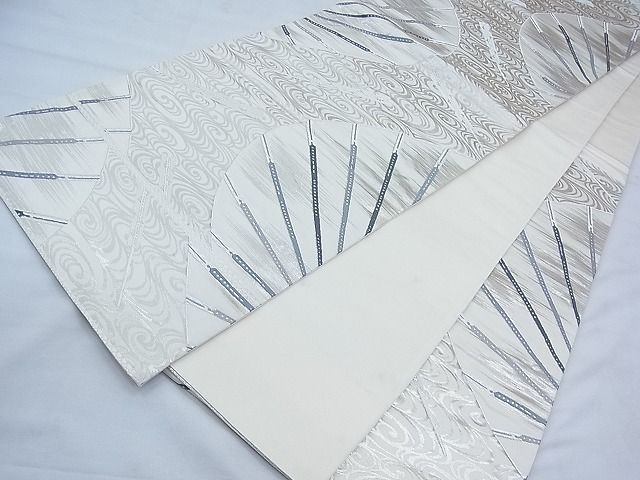 平和屋着物◎六通柄袋帯 扇流し 白金 逸品 BAAI3389qt