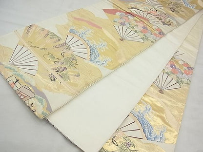 平和屋着物◎六通柄袋帯 唐織 扇面御所車花文 金糸 逸品 BAAI3395qt
