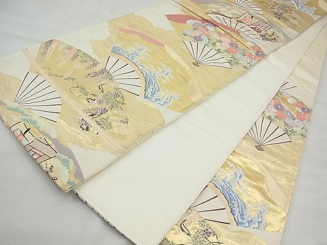 平和屋着物◎六通柄袋帯 唐織 扇面御所車花文 金糸 逸品 BAAI3395qt