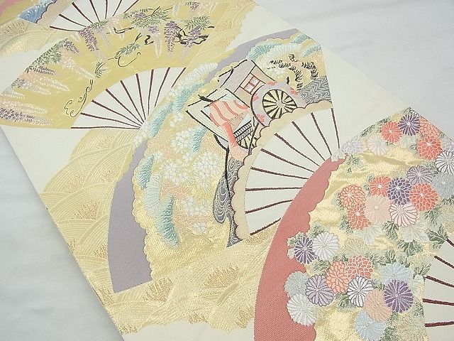 平和屋着物◎六通柄袋帯 唐織 扇面御所車花文 金糸 逸品 BAAI3395qt