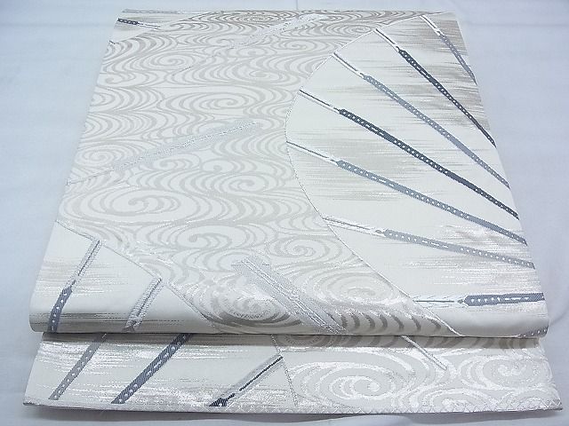 平和屋着物◎六通柄袋帯 扇流し 白金 逸品 BAAI3389qt