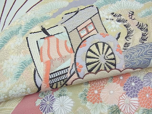 平和屋着物◎六通柄袋帯 唐織 扇面御所車花文 金糸 逸品 BAAI3395qt