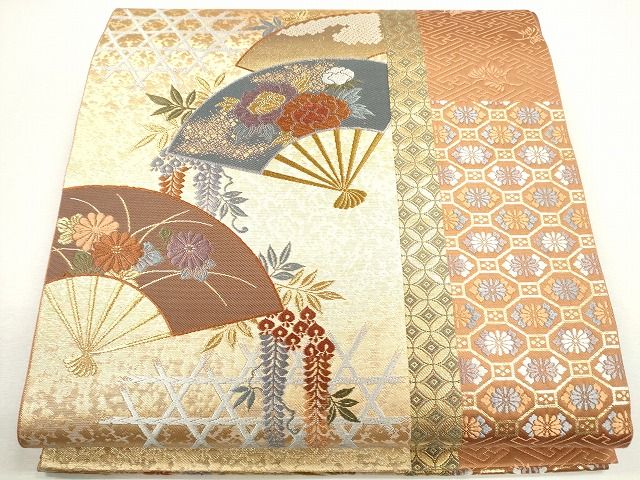 平和屋着物◎六通柄袋帯 唐織 扇面草花文 金糸 逸品 CAAG2486eg