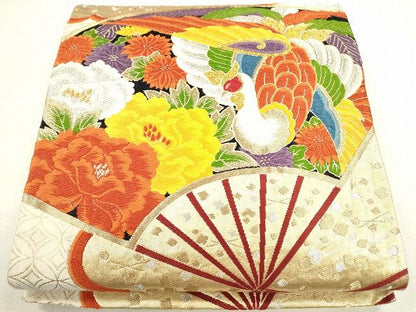 平和屋着物◎六通柄袋帯 唐織 扇面鳳凰花文 金銀糸 逸品 CAAG2479eg