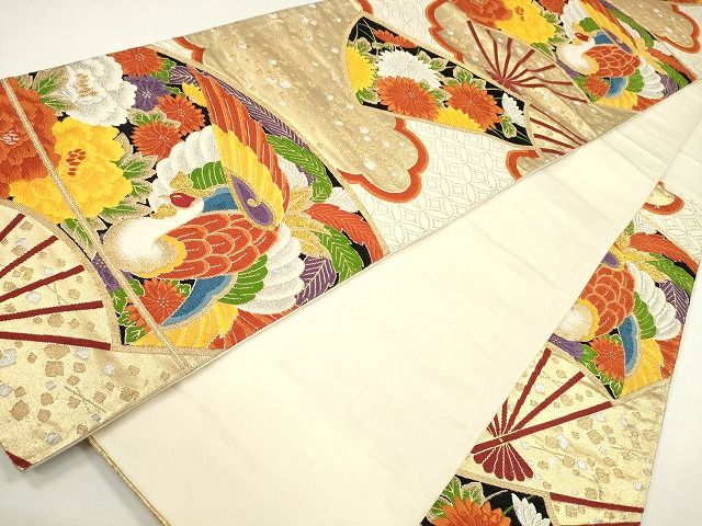 平和屋着物◎六通柄袋帯 唐織 扇面鳳凰花文 金銀糸 逸品 CAAG2479eg