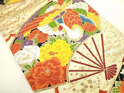 平和屋着物◎六通柄袋帯 唐織 扇面鳳凰花文 金銀糸 逸品 CAAG2479eg
