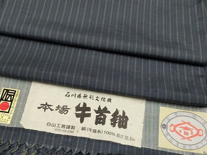 平和屋本店▽極上 石川県指定無形文化財 牛首紬 白山工房 手織り 先染め 単衣 間道 証紙付き 逸品 CYAA0612s4