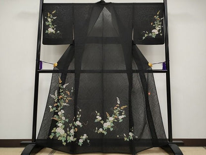 期間限定セール40％off■極上　夏物　ファッションデザイナー 花井幸子　訪問着　手描き　草木紋紗　朝顔　アサガオ　黒地　 CYAA0624s4