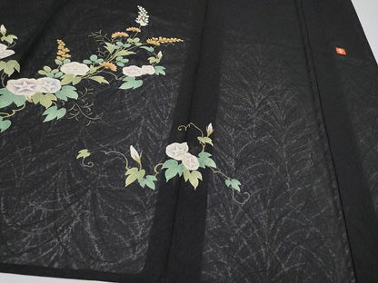 期間限定セール40％off■極上　夏物　ファッションデザイナー 花井幸子　訪問着　手描き　草木紋紗　朝顔　アサガオ　黒地　 CYAA0624s4