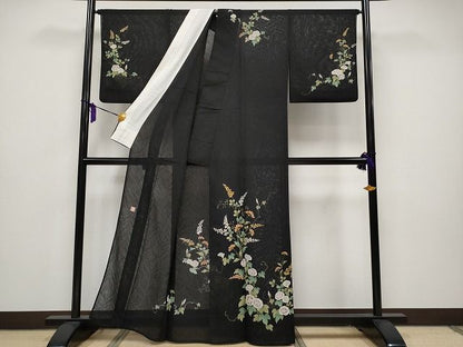 期間限定セール40％off■極上　夏物　ファッションデザイナー 花井幸子　訪問着　手描き　草木紋紗　朝顔　アサガオ　黒地　 CYAA0624s4