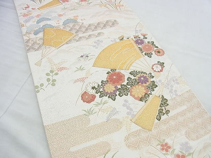 平和屋着物◎六通柄袋帯 唐織 エ霞扇面花文 金銀糸 逸品 BAAI4472jm