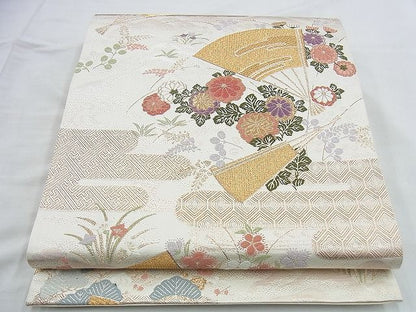 平和屋着物◎六通柄袋帯 唐織 エ霞扇面花文 金銀糸 逸品 BAAI4472jm