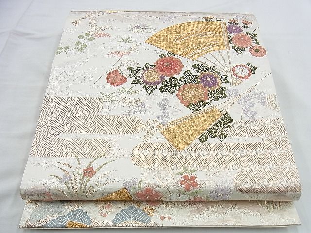 平和屋着物◎六通柄袋帯 唐織 エ霞扇面花文 金銀糸 逸品 BAAI4472jm