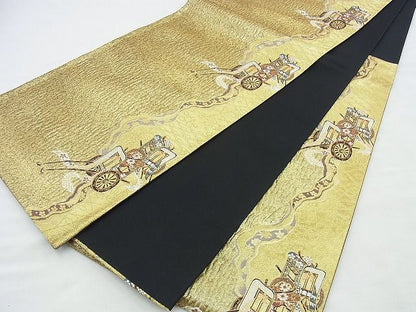 平和屋着物◎六通柄袋帯 唐織 御所車 金糸 逸品 BAAI4562jm