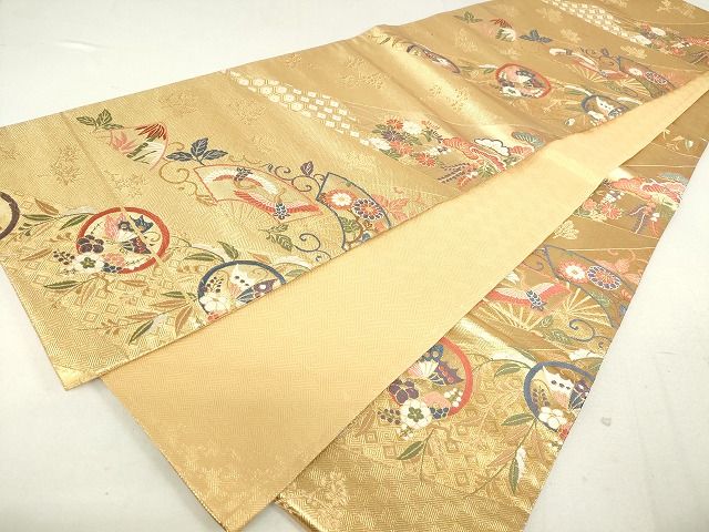 平和屋着物◎佐賀錦 六通柄袋帯 扇面飛鶴花文 金糸 逸品 DAAG9457op