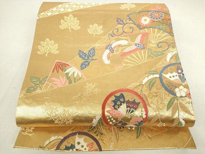 平和屋着物◎佐賀錦 六通柄袋帯 扇面飛鶴花文 金糸 逸品 DAAG9457op