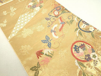 平和屋着物◎佐賀錦 六通柄袋帯 扇面飛鶴花文 金糸 逸品 DAAG9457op