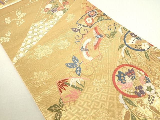 平和屋着物◎佐賀錦 六通柄袋帯 扇面飛鶴花文 金糸 逸品 DAAG9457op